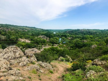 Kayalık vadide akıntılı bir nehir. Doğal manzara..