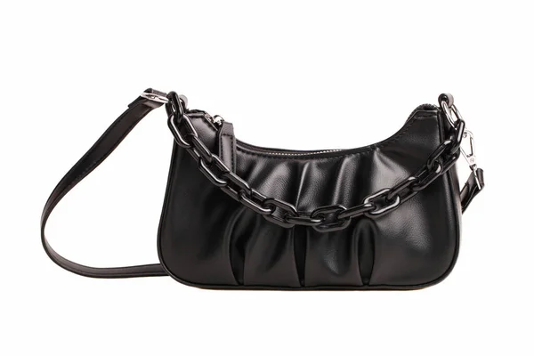 Bolso Mano Negro Cuero Femenino Con Cadena Aislada Sobre Fondo — Foto de Stock