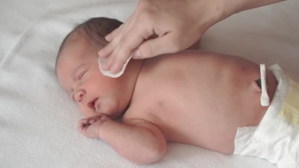 Infancy, childhood, motherhood, hygiene, medicine and health concept - female moms hand wipes the face of newborn naked baby with cotton pad lying in diaper on back with navel clamped by medical clip — Stock Video