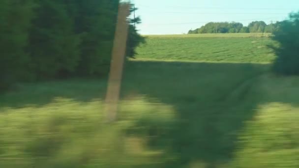 Vervoer, reizen, weg, spoorweg, landschap, comnicatie concept - uitzicht vanuit het raam van de sneltrein op het landschap van prachtige natuurgebied weg met auto 's en bos op heldere dag met zeldzame witte wolken — Stockvideo