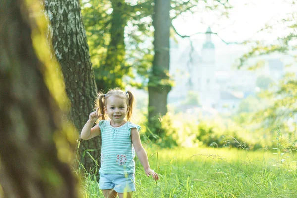 Jeugd, zomer en vrije tijd concept.Een schattige gelukkige kleine baby staat in helder gras met paardebloemen in de achtergrond van een zonsondergang in het park. Meisje met een plant in haar hand die tijd buiten doorbrengt — Stockfoto