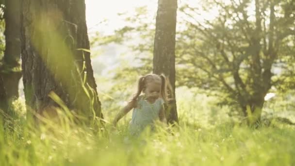 Petite fille court à la caméra dans le bois.Joyeux sourire KId se cache derrière les arbres verts dans le parc au coucher du soleil. Été, divertissement, famille, enfance, marche, vacances, concepts de style de vie. — Video