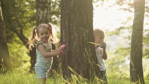 Kleine Mädchen und Jungen spielen im Wald. Zwei fröhlich lächelnde Kinder verstecken sich hinter grünen Bäumen und winken bei Sonnenuntergang im Park. Sommer, Unterhaltung, Familie, Kindheit, Wandern, Urlaub, Lifestyle-Konzepte. — Stockvideo