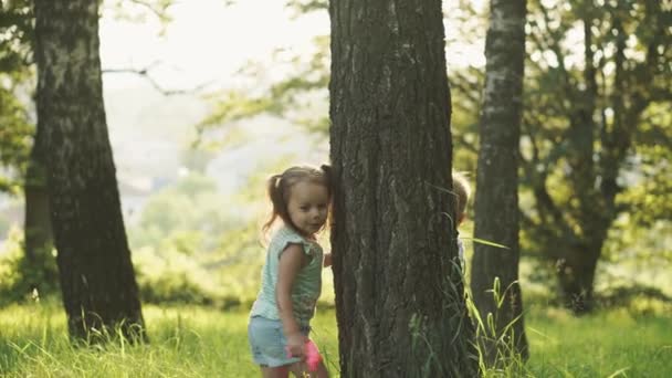 Liten flicka och pojke leker i skogen. Två glada leende barn gömmer sig bakom gröna träd och vinkar i parken vid solnedgången. Sommar, underhållning, familj, barndom, promenader, semester, livsstil koncept. — Stockvideo