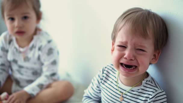 Infância, família, punição, violência doméstica, educação, quarentena, auto-isolamento, conceitos histéricos. Pequeno bebê triste com mamilo para consolo crying.sister pities, acidentes vasculares cerebrais brother.girl mais jovem — Vídeo de Stock