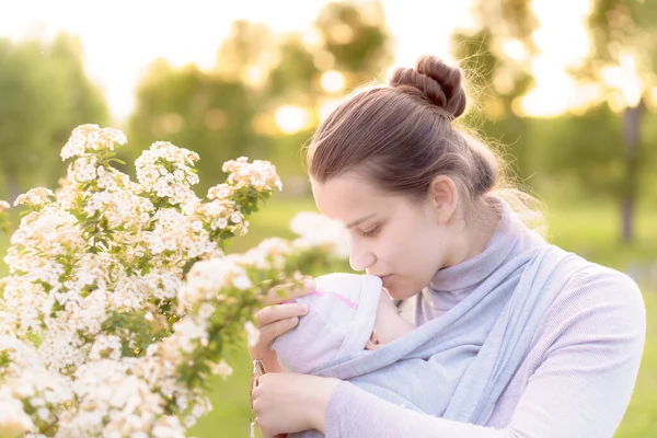 Maternidad, cuidado, bebés, verano, concepto de crianza - Joven hermosa mamá con un bebé recién nacido en una honda paseos y mira a un niño en la luz de fondo de una puesta de sol en el parque cerca del arbusto floreciente. — Foto de Stock