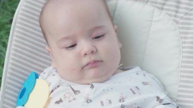 bebeklik, çocukluk, gelişme, yaz tatili, tıp ve sağlık konsepti - Beş aylık uyanık bebek bebek portresi yeşil çimenlerin arka planında sallanan sandalyede yatıyor