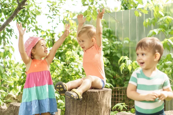 Drie Kinderen Van Dezelfde Leeftijd Vertonen Verschillende Emoties Vrolijk Lachende — Stockfoto