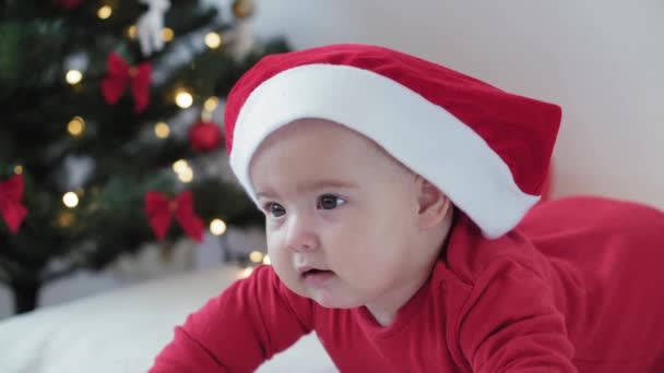 Merry xmas and happy new year, infants, childhood, holidays concept - close-up 6 month old newborn baby in santa claus hat and red bodysuit on his tummy crawls with decorations balls on christmas tree — Stock Video