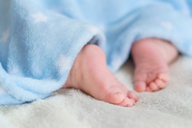 Mavi, yumuşak, sıcak bir battaniyeyle kaplanmış küçük çıplak bacaklar ve yeni doğmuş ayaklar. Küçük bebek yatakta beyaz battaniyenin üzerinde uyur. Dermatoloji, pediatri, masumiyet, çocukluk, annelik kavramları. Soace kopyala