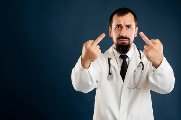 Portrait Male Doctor Stethoscope Medical Uniform Showing Double Fuck You — Stok fotoğraf