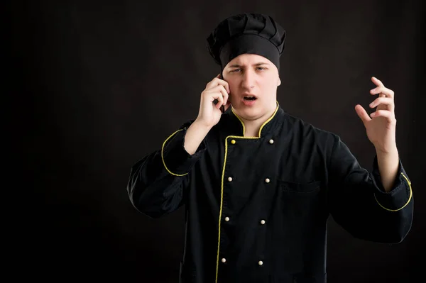 Retrato Jovem Sexo Masculino Vestido Terno Chef Preto Com Cabelo — Fotografia de Stock