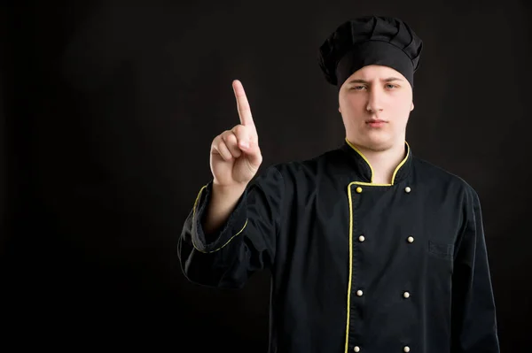 Retrato Joven Hombre Vestido Con Traje Chef Negro Que Muestra — Foto de Stock