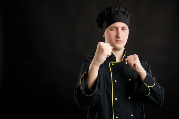 Retrato Joven Hombre Vestido Con Traje Chef Negro Que Muestra — Foto de Stock