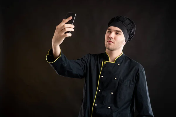 Portrait Young Male Dressed Black Chef Suit Taking Selfie Photography — Stock Photo, Image