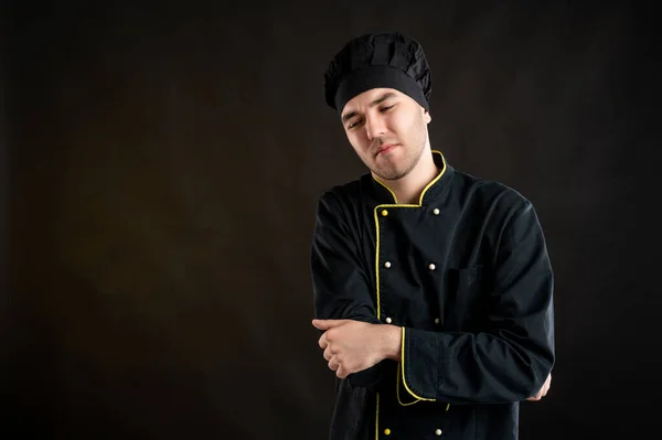 Retrato Hombre Joven Vestido Con Traje Chef Negro Dolor Codo — Foto de Stock