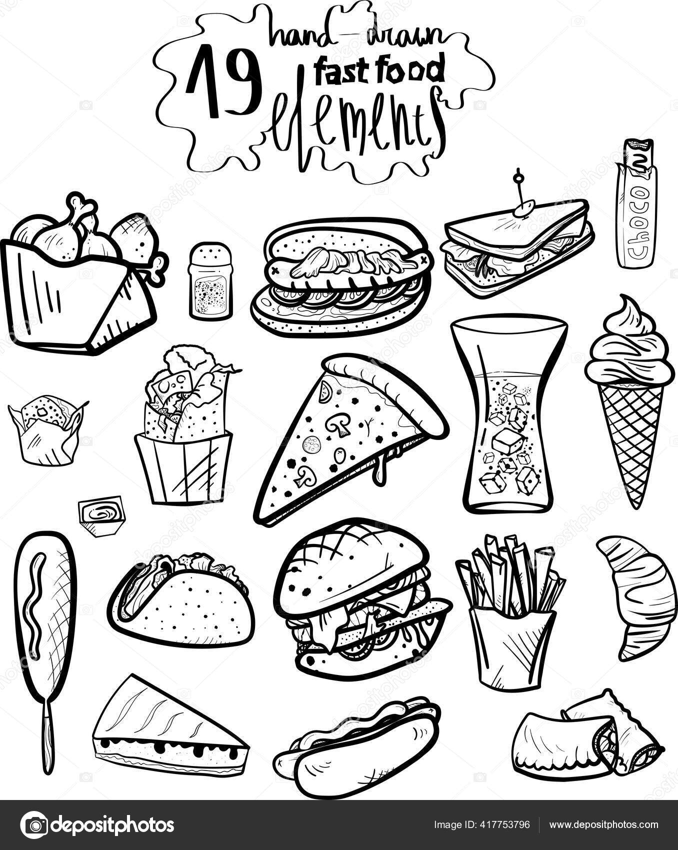 Set Black White Icons Thick Lineart Cartoon Style Fast Food Stock Vector  Image by ©VladaGolunova #417753796