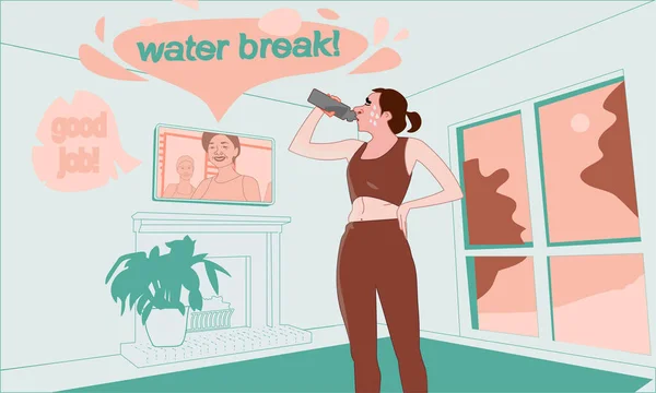 Entrenamiento Mujer Desde Casa Con Video Línea Toma Descanso Agua — Vector de stock