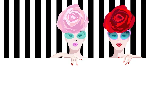 Portret Abstract Acuarelă Surprins Două Fete Model Pălărie Roz Trandafir — Vector de stoc