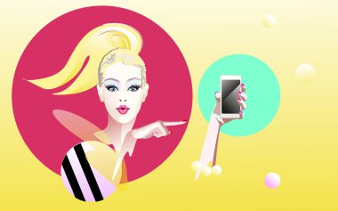 Vektör kız telefonu el ile şaşırttı. Smartphone, Kadınlar Mağazalar, satış tutan kadın. Soyut suluboya portre, moda sanat, güzellik