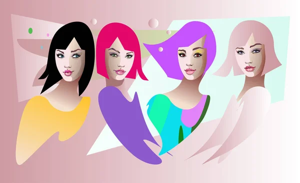 抽象水彩集肖像不同类型的人物女孩 时尚艺术 彩色矢量版画 妇女商店 — 图库矢量图片#