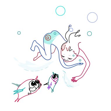 Denizde balıklı, renkli vektör izli küçük bir kızın soyut çizimi.