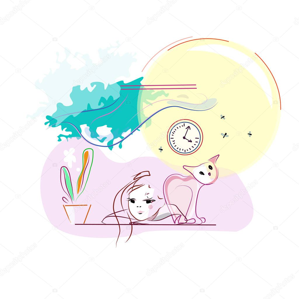 Abstract vector illustration of a bored little girl and kitten, colorful print, white background