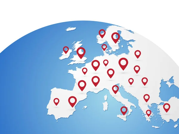 欧洲全球矢量地图红色别针 — 图库矢量图片