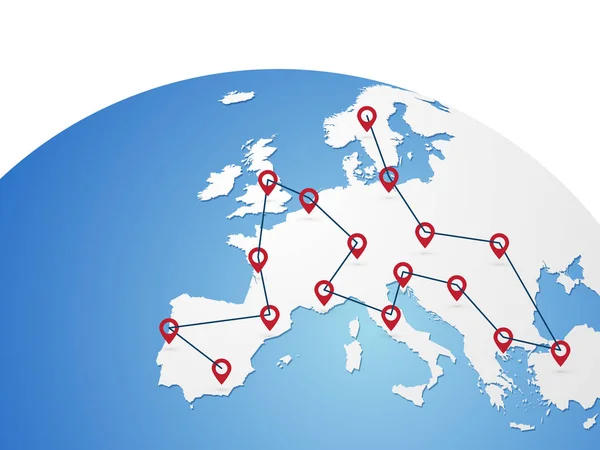 欧洲矢量地图在世界上用红色别针 标记路线 — 图库矢量图片