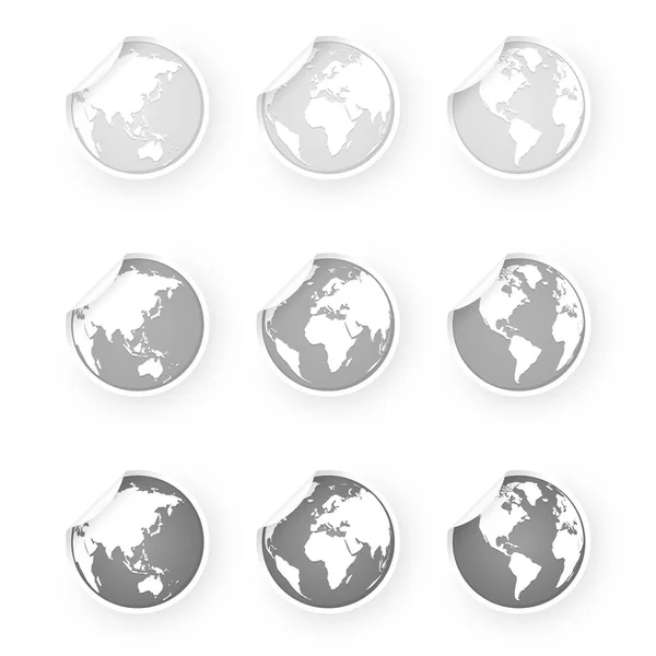 Silbergraue Welt Globus Ikonen Aufkleber Set — Stockvektor