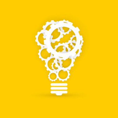 Gears'ı ampul yaratıcı teknoloji kavramı sarı zemin üzerine