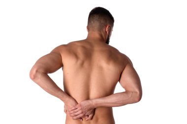 Sırt ağrısı olan genç bir adam. Atlet sırtıağrıyor. Adam sırtını incitti. Spor hekimliği kavramı