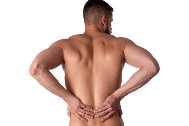 Sırt ağrısı olan genç bir adam. Atlet sırtıağrıyor. Adam sırtını incitti. Spor hekimliği kavramı