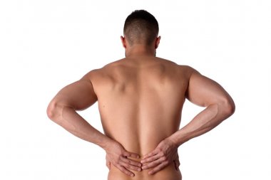 Sırt ağrısı olan genç bir adam. Atlet sırtıağrıyor. Adam sırtını incitti. Spor hekimliği kavramı