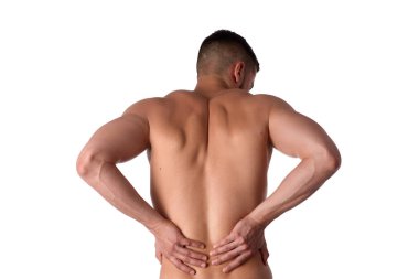Sırt ağrısı olan genç bir adam. Atlet sırtıağrıyor. Adam sırtını incitti. Spor hekimliği kavramı
