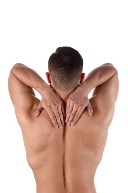 Boynunda ağrı olan bir adam. Atlet boynuna yapışıyor. Spor hekimliği kavramı