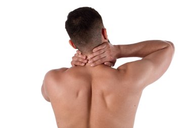 Boynunda ağrı olan bir adam. Atlet boynuna yapışıyor. Spor hekimliği kavramı