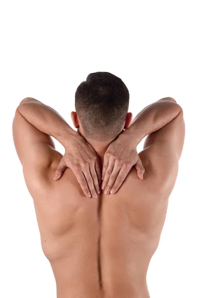 Man met een pijn in zijn nek. De atleet klom aan een zere nek. Sportgeneeskunde concept — Stockfoto