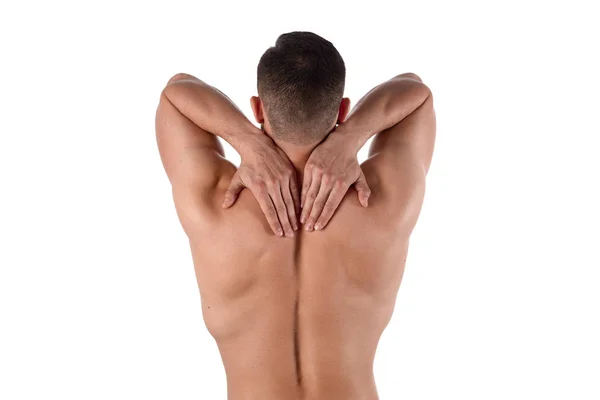 Man met een pijn in zijn nek. De atleet klom aan een zere nek. Sportgeneeskunde concept — Stockfoto