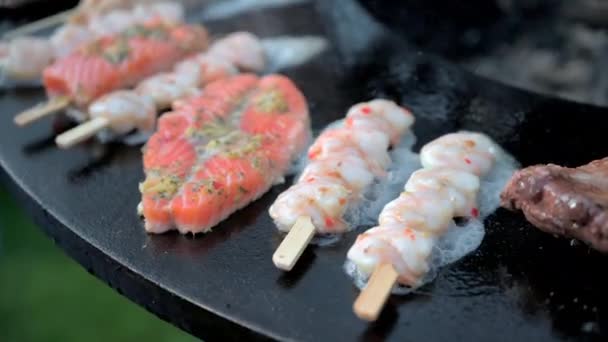 Salmão de peixe de truta vermelha grelhado em um churrasco, lanche de peixe no verão — Vídeo de Stock