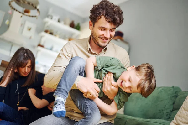 Young Father Having Fun Song Playing Laughing Home Happy Family — Stock Photo, Image