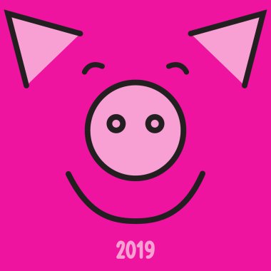 Mutlu yeni yıl 2019. Yıl domuz. Pembe domuzun gülümseyen surat. Kış tatili. Vektör çizim.