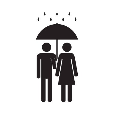 Erkek ve kadın yağmur altında. Kadının kafasını ve onun üzerinde şemsiye tutan adam. Sevgi ve bakım kavramı. İlişki. Aile. Siyah ve beyaz vektör çizim.