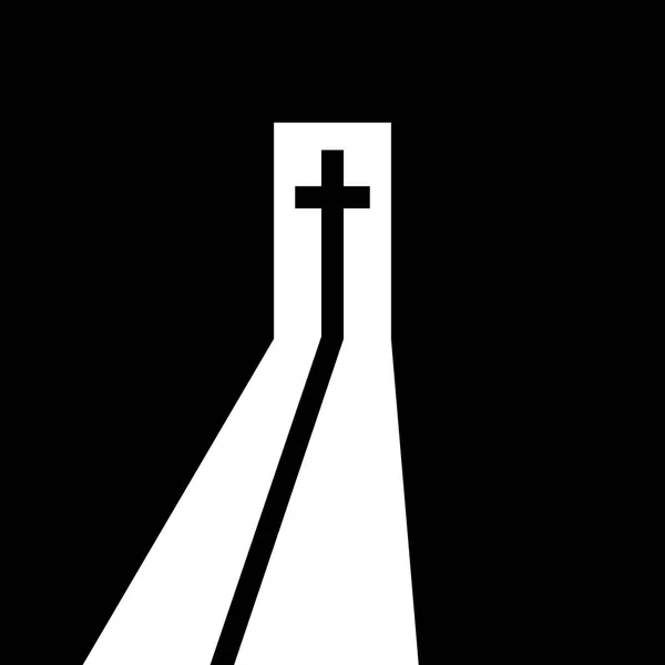 ドアを開けてのキリスト教の十字 キリスト教のシンボル 救いへの信念に 暗闇の中から方法 ベクトル図 — ストックベクタ