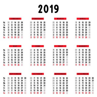 Takvim 2019. Hafta Pazartesi başlıyor. Siyah, gri ve kırmızı renkler. Vektör çizim.