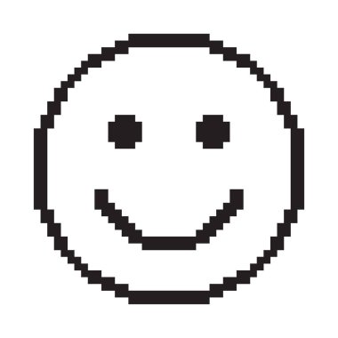 Gülümseme simgesi. Mutlu yüz simgesi. Piksel sanat. Siyah ve beyaz vektör çizim.