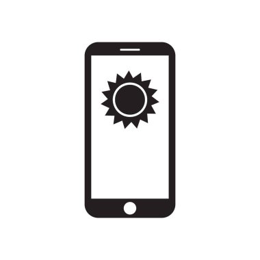 Güneş üstünde belgili tanımlık perde ile akıllı telefon. Hareket eden aygıt. Hava tahmini. Güneşli mesaj. Siyah ve beyaz vektör çizim.