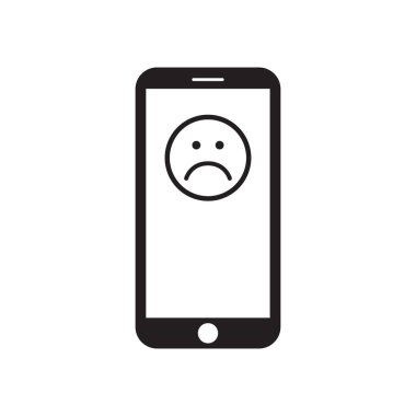 Üzgün yüz kutsal kişilerin resmi üstünde belgili tanımlık perde ile akıllı telefon. Mutsuz yüz mesaj. Siyah ve beyaz vektör çizim.