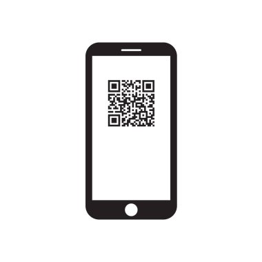 Smartphone ile qr kodu simgesini üstünde belgili tanımlık perde. Siyah ve beyaz. Vektör çizim.