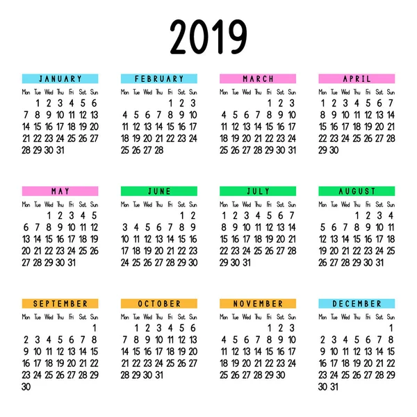 Календарь 2019 Понедельника Начинается Неделя Векторная Иллюстрация — стоковый вектор